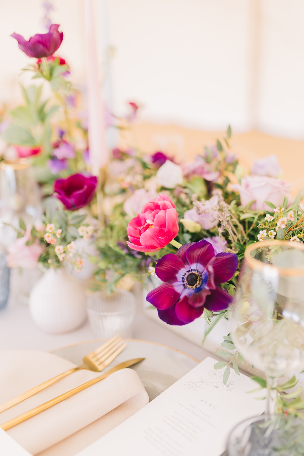 Table Decor Pink Purple Flowers Grey Cloth Gold Cutlery Lakeside Wild Berry Farm Wedding Love and Life Studio