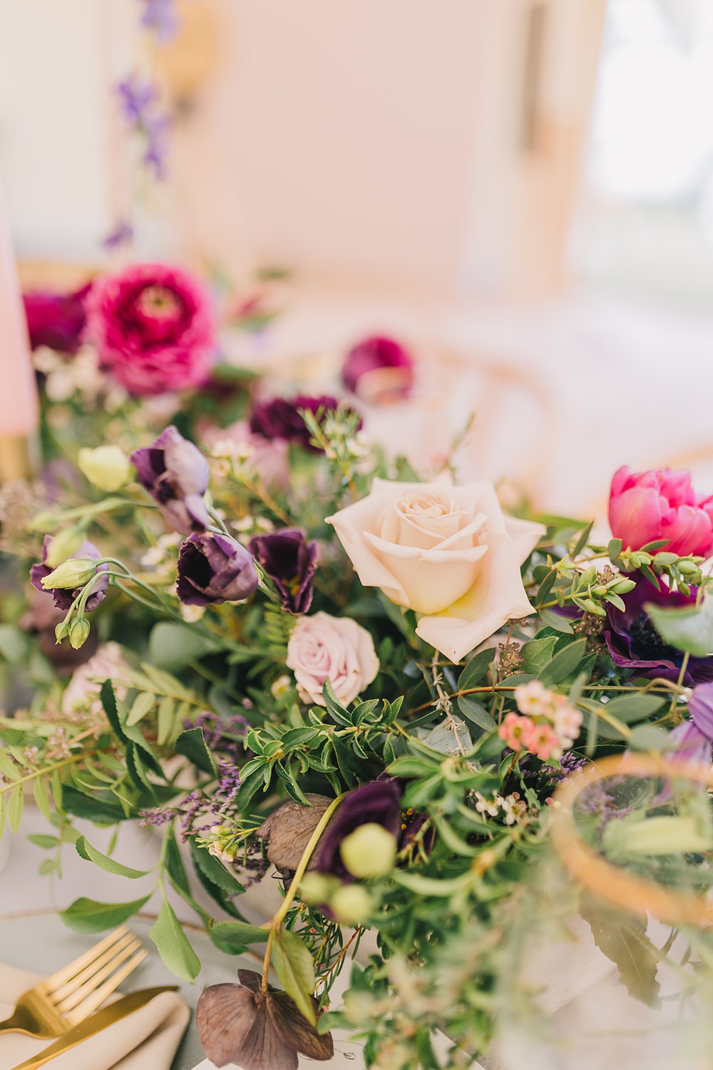 Table Decor Pink Purple Flowers Grey Cloth Centrepiece Lakeside Wild Berry Farm Wedding Love and Life Studio