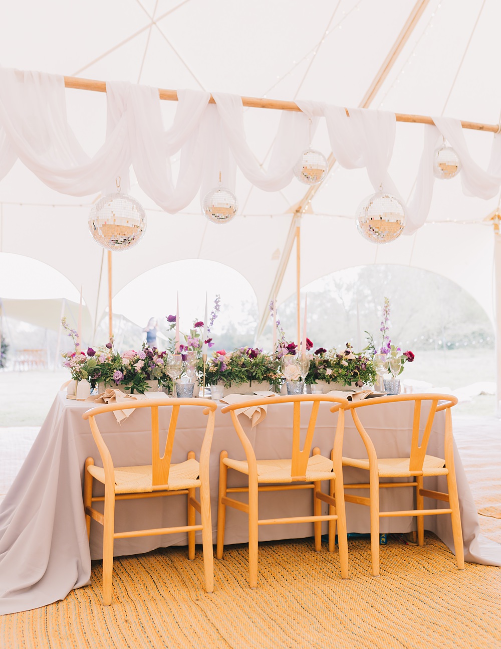 Table Decor Pink Purple Flowers Grey Cloth Gold Cutlery Disco Balls Drapes Lakeside Wild Berry Farm Wedding Love and Life Studio