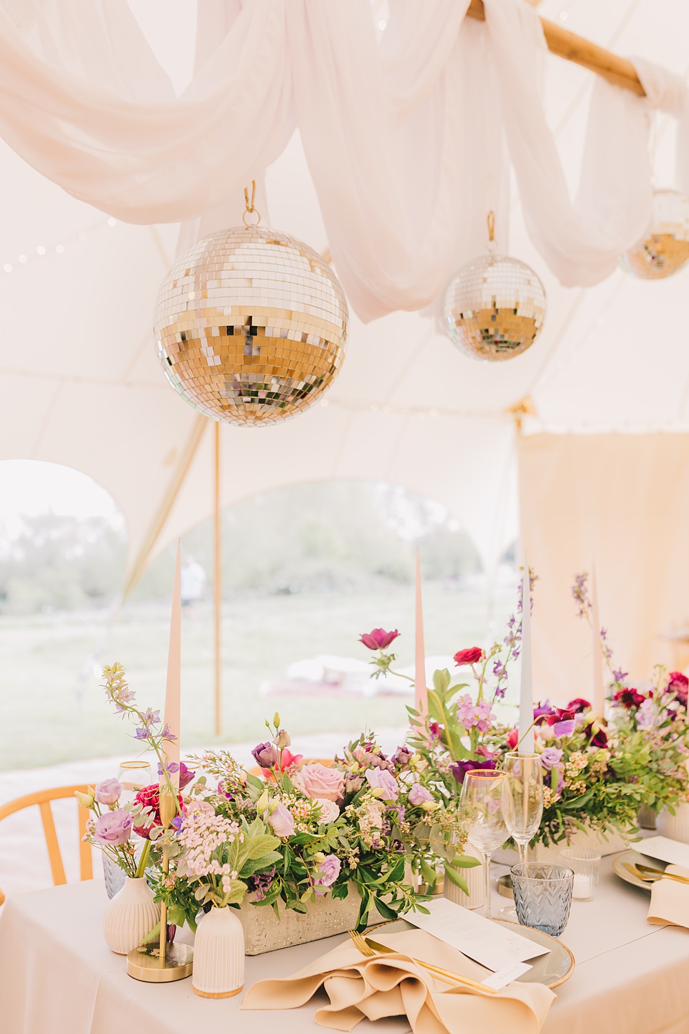 Table Decor Pink Purple Flowers Grey Cloth Gold Cutlery Disco Ball Drapes Lakeside Wild Berry Farm Wedding Love and Life Studio