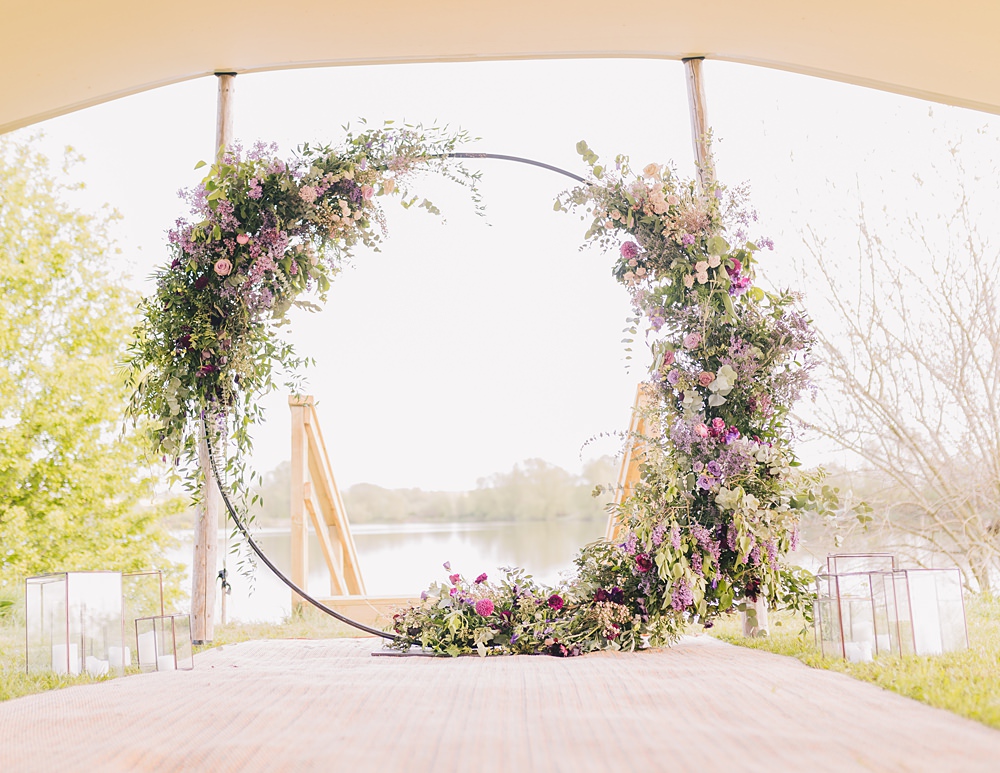 Moon Gate Flower Hoop Backdrop Purple Pink Flowers Lakeside Wild Berry Farm Wedding Love and Life Studio