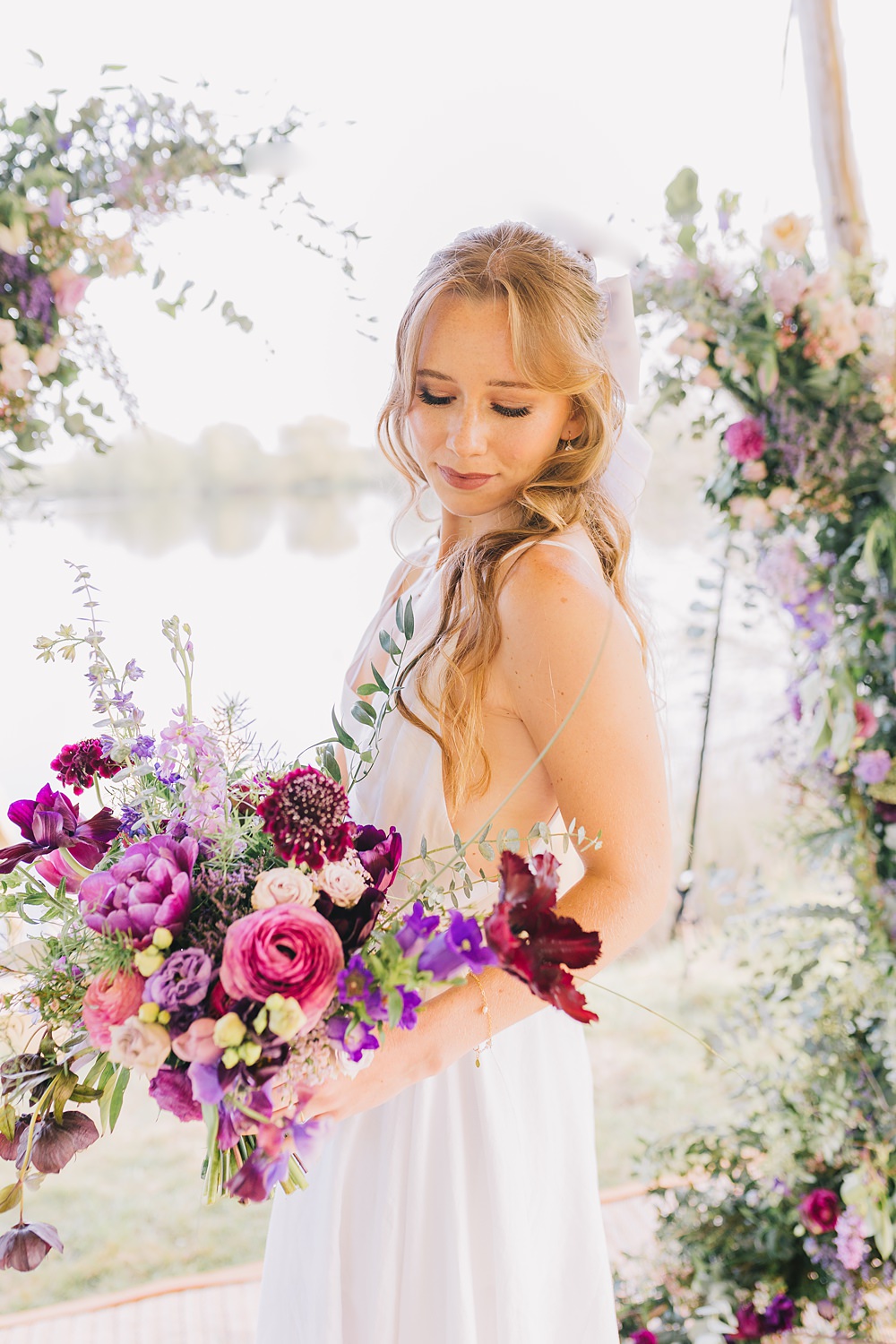 Bouquet Flowers Bride Bridal Pink Purple Rose Peony Lakeside Wild Berry Farm Wedding Love and Life Studio