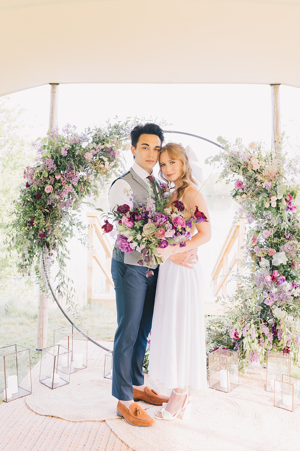 Lakeside Wild Berry Farm Wedding Love and Life Studio Moon Gate Flower Hoop Backdrop Purple Pink Flowers