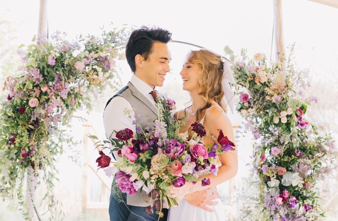 Lakeside Wild Berry Farm Wedding Love and Life Studio Moon Gate Flower Hoop Backdrop Purple Pink Flowers