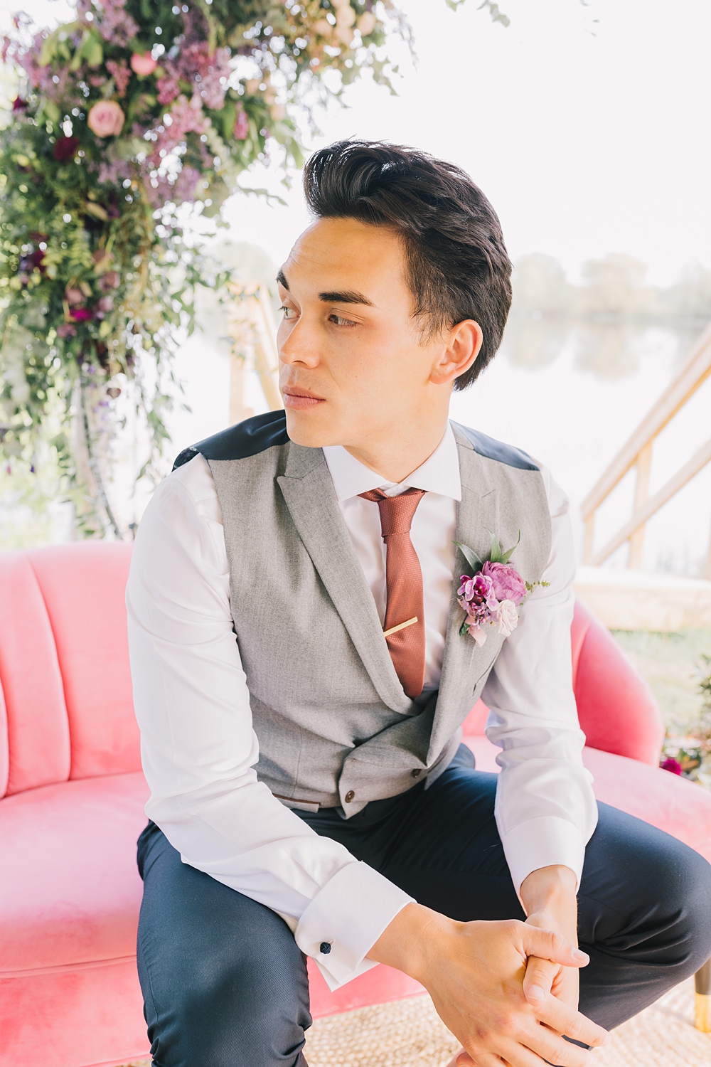 Groom Grey Waistcoat Tan Tie Lakeside Wild Berry Farm Wedding Love and Life Studio