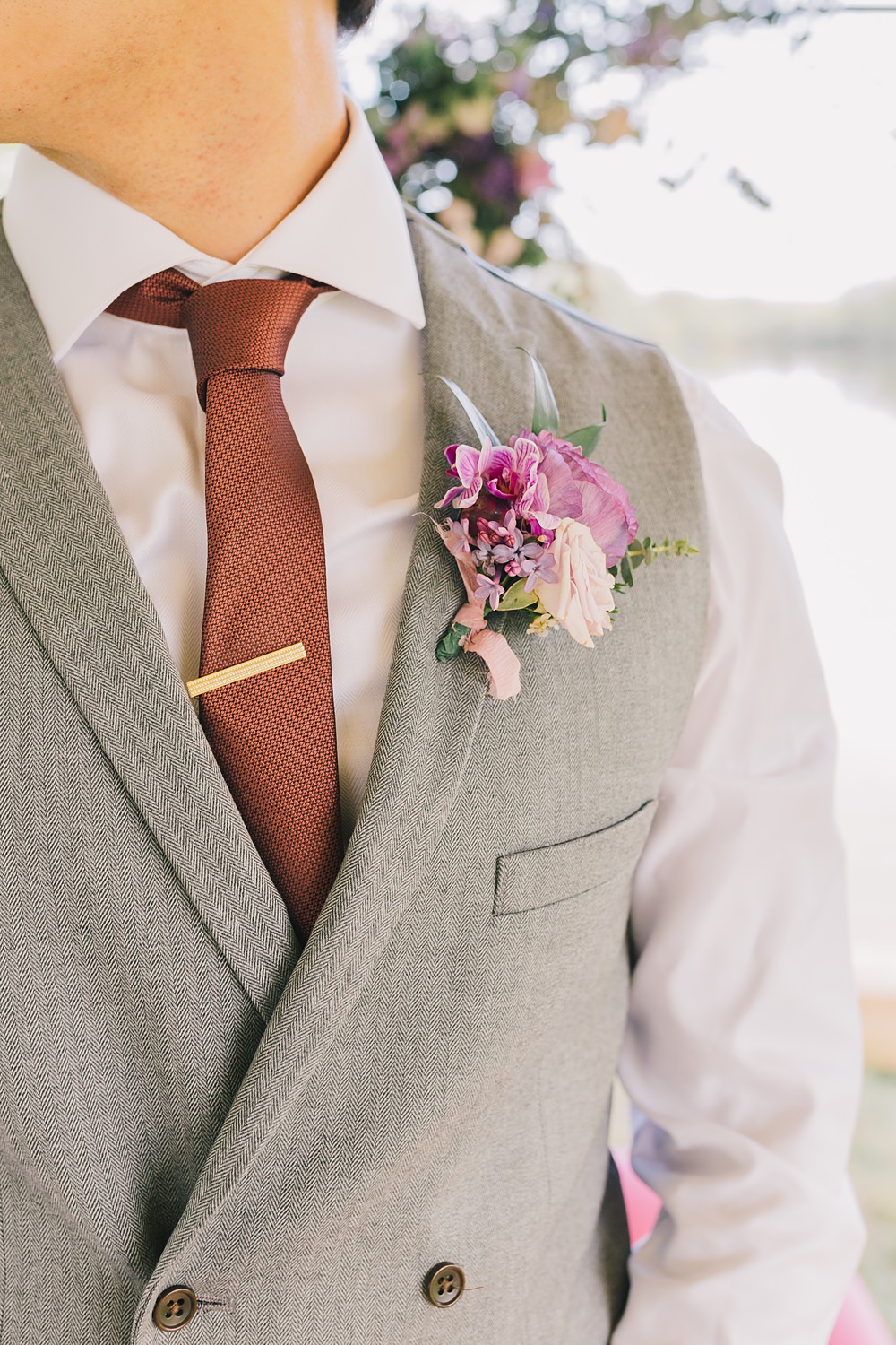 Groom Grey Waistcoat Tan Tie Buttonhole Flowers Lakeside Wild Berry Farm Wedding Love and Life Studio
