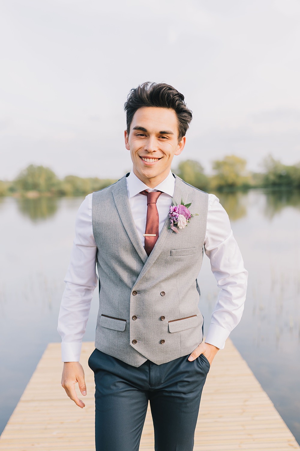 Groom Grey Waistcoat Tan Tie Lakeside Wild Berry Farm Wedding Love and Life Studio