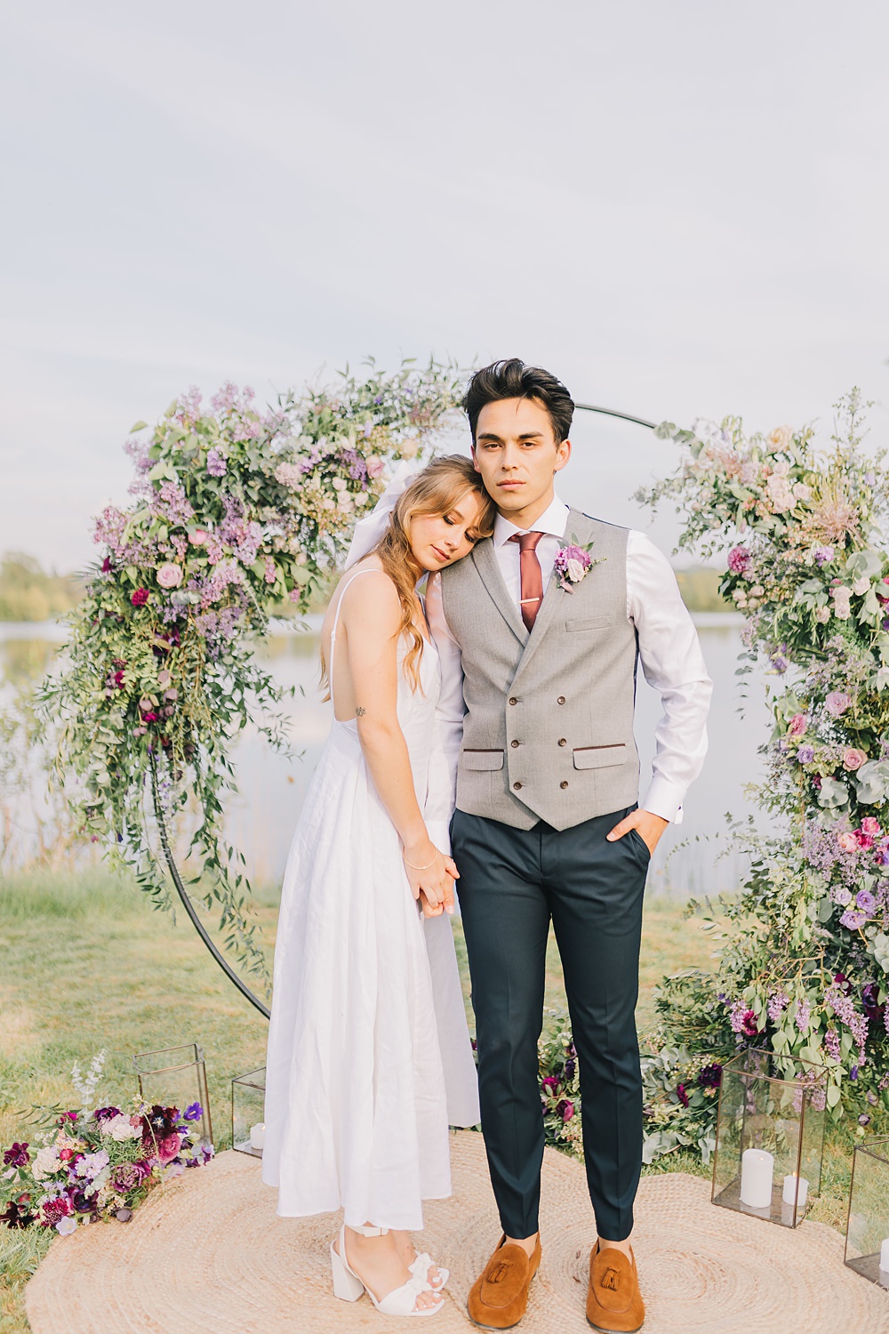 Lakeside Wild Berry Farm Wedding Love and Life Studio Moon Gate Flower Hoop Backdrop Purple Pink Flowers