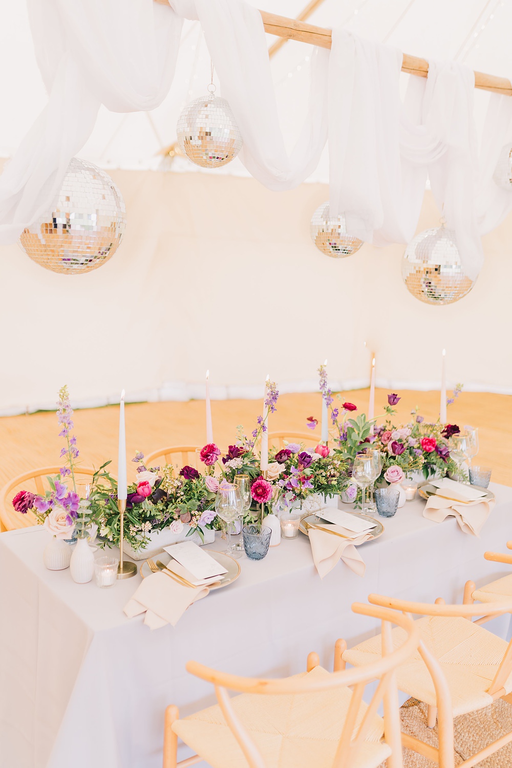 Table Decor Pink Purple Flowers Grey Cloth Gold Cutlery Disco Balls Drapes Lakeside Wild Berry Farm Wedding Love and Life Studio