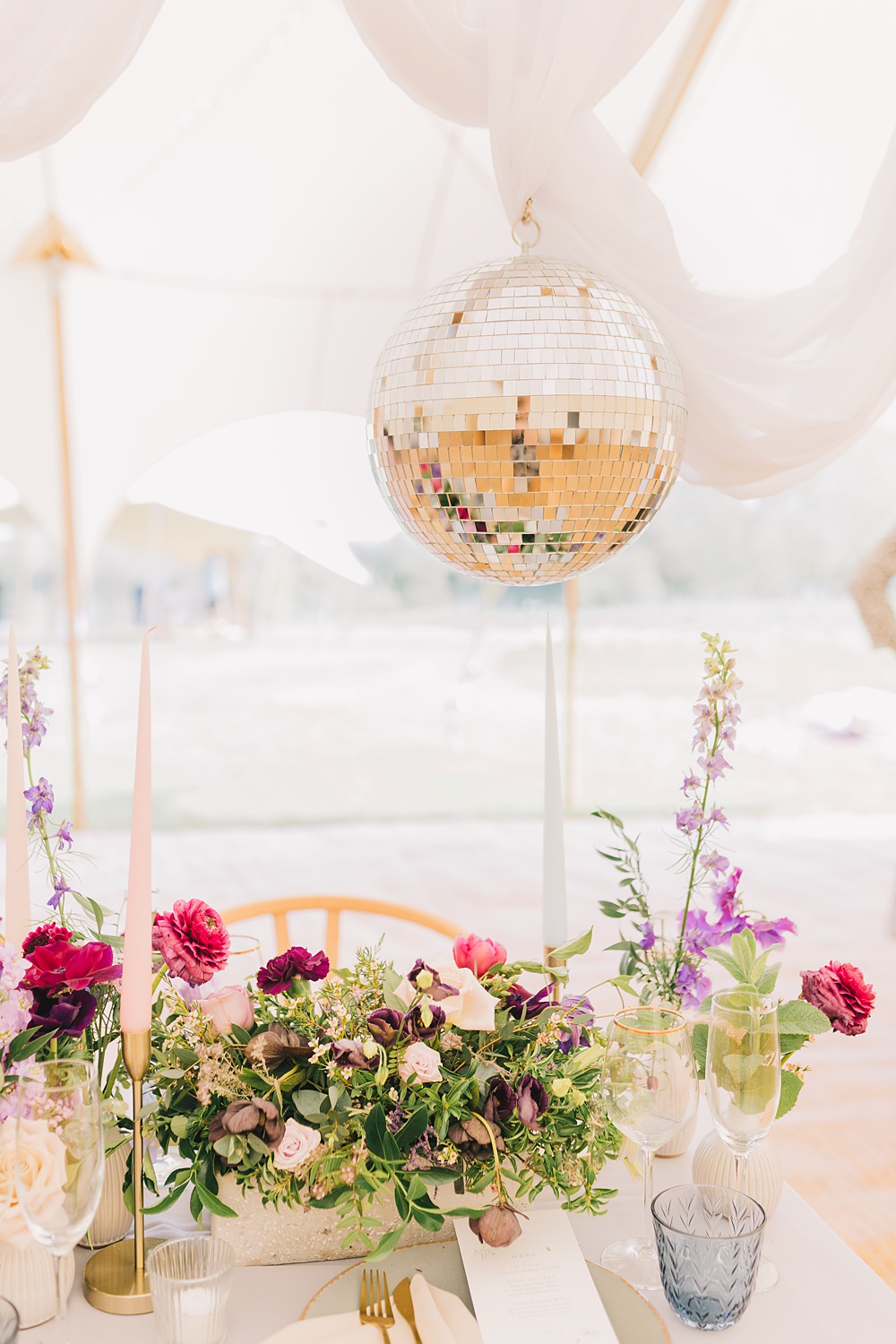 Table Decor Pink Purple Flowers Grey Cloth Gold Cutlery Disco Balls Drapes Lakeside Wild Berry Farm Wedding Love and Life Studio