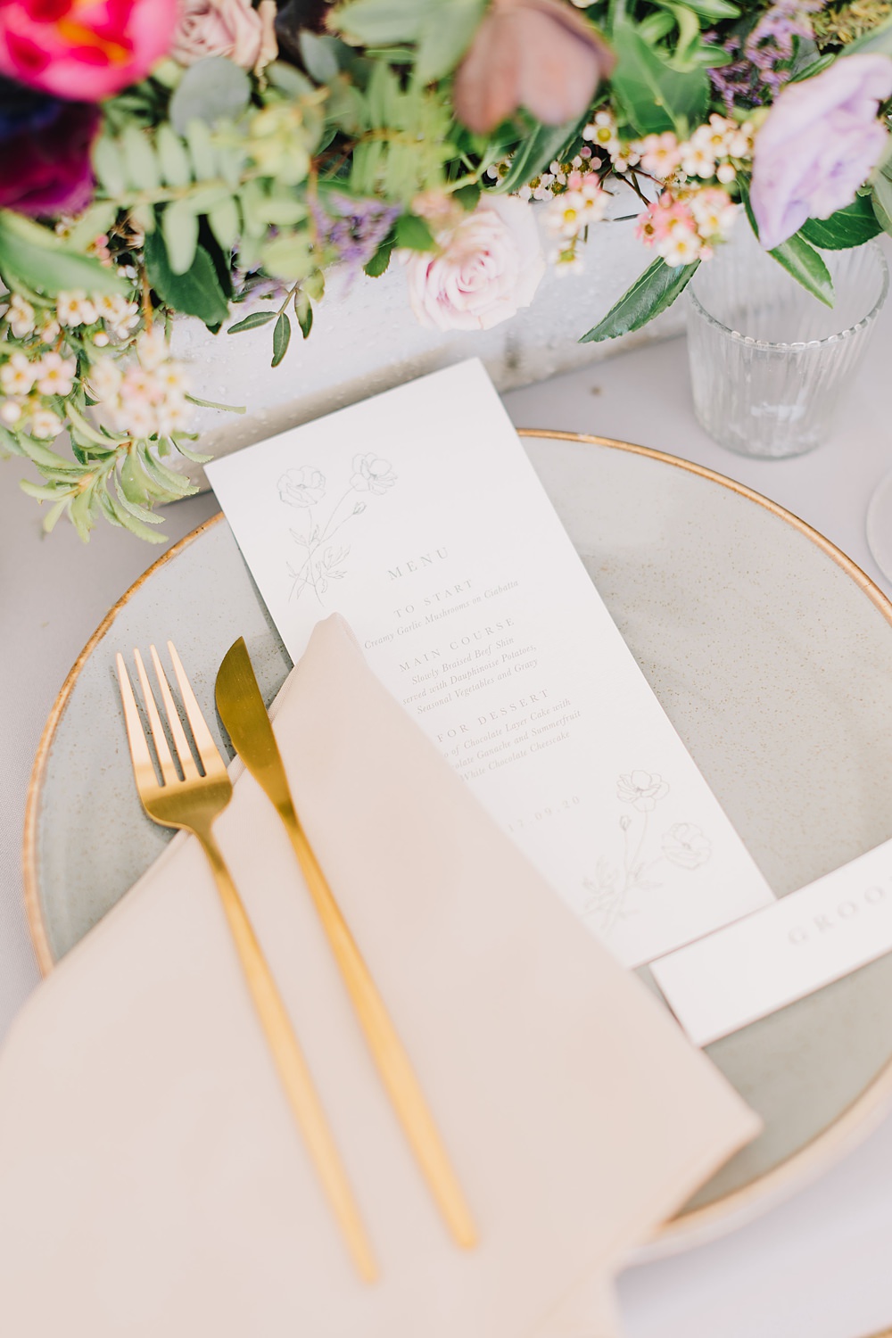 Table Decor Pink Purple Flowers Grey Cloth Gold Cutlery Place Setting Lakeside Wild Berry Farm Wedding Love and Life Studio
