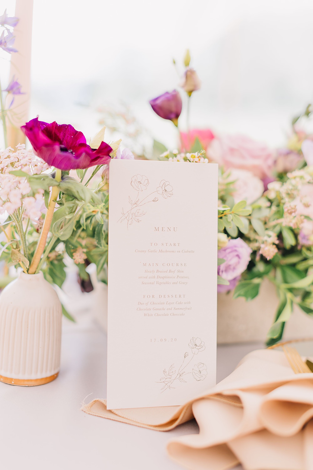 Table Decor Pink Purple Flowers Grey Cloth Gold Cutlery Menu Lakeside Wild Berry Farm Wedding Love and Life Studio