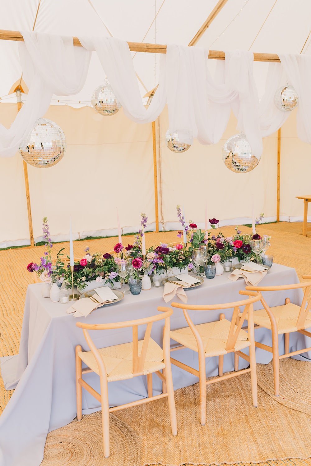 Table Decor Pink Purple Flowers Grey Cloth Gold Cutlery Disco Balls Drapes Lakeside Wild Berry Farm Wedding Love and Life Studio