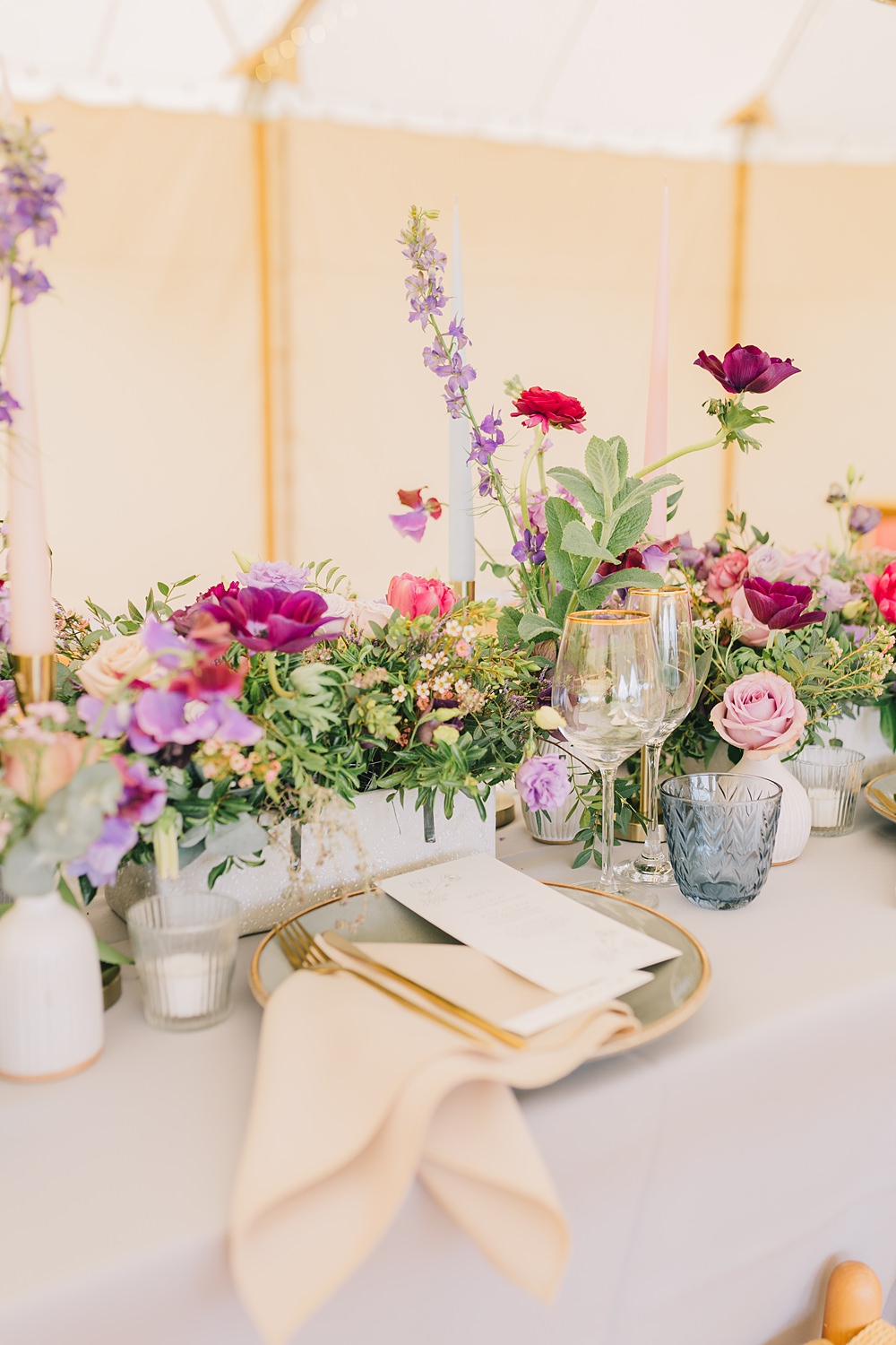 Table Decor Pink Purple Flowers Grey Cloth Gold Cutlery Lakeside Wild Berry Farm Wedding Love and Life Studio
