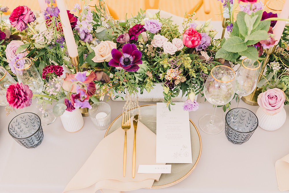 Table Decor Pink Purple Flowers Grey Cloth Gold Cutlery Lakeside Wild Berry Farm Wedding Love and Life Studio