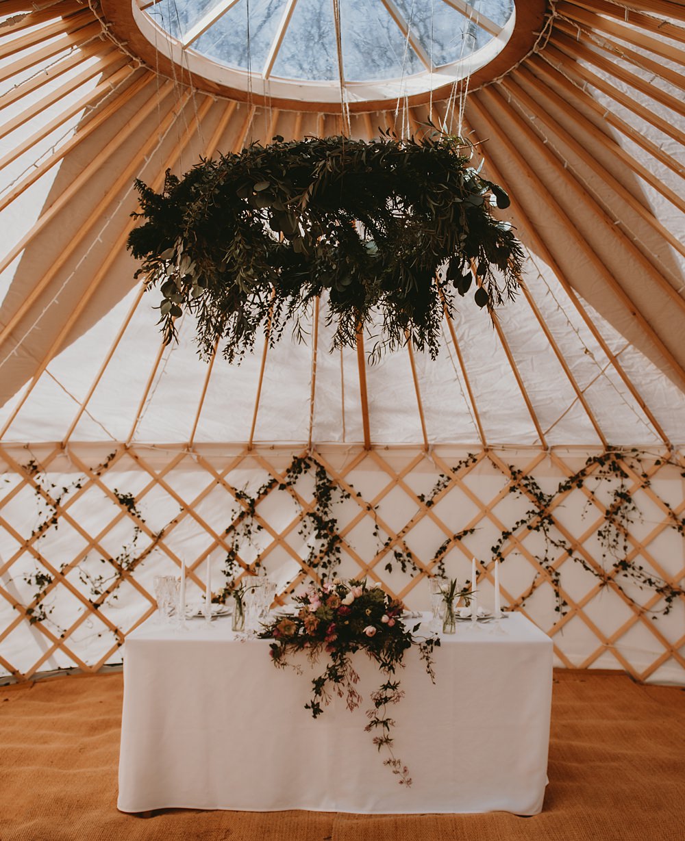 Yurt Reception Greenery Hoop Top Table Flowers Little Seed Field Wedding Louise Pollitt Photography