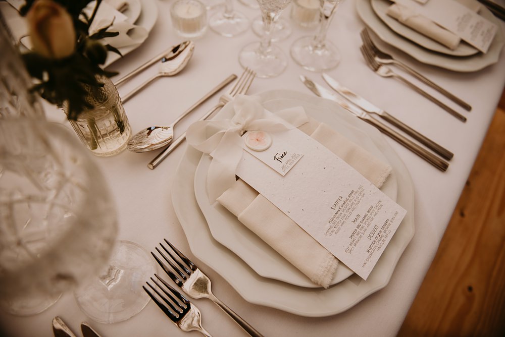 Place Setting Cream Napkin Ribbon Place Name Little Seed Field Wedding Louise Pollitt Photography