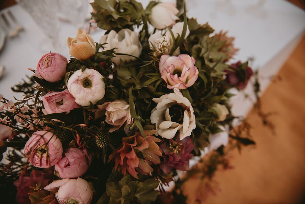 Top Table Flowers Greenery Tulip Protea Pink Little Seed Field Wedding Louise Pollitt Photography
