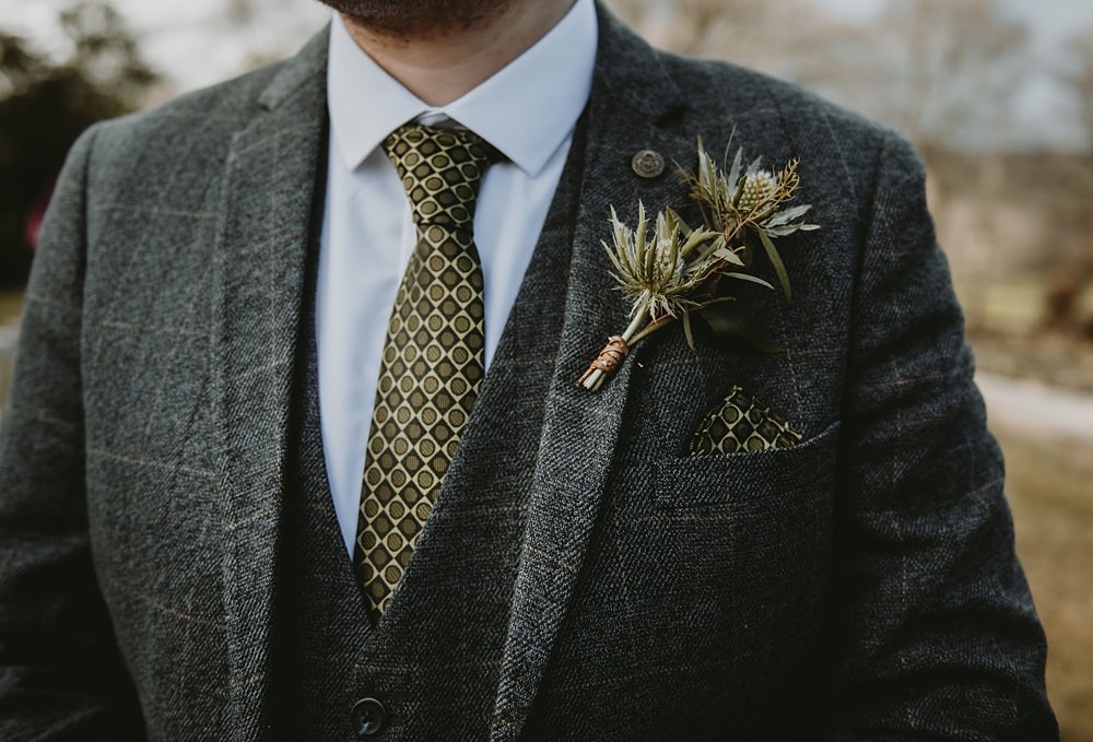 Groom Grey Check Suit Green Tie Buttonhole Flowers Little Seed Field Wedding Louise Pollitt Photography