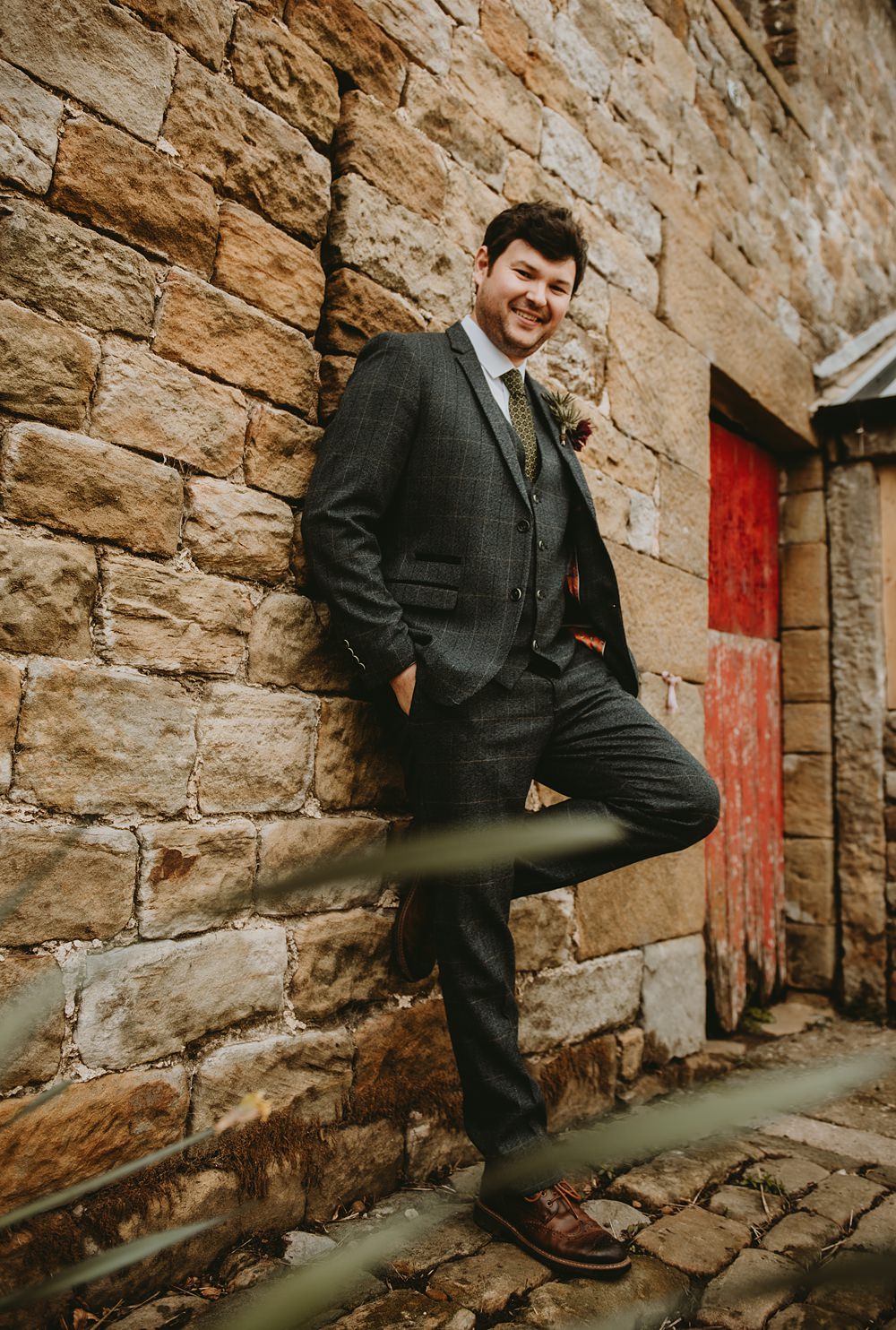 Groom Grey Check Suit Green Tie Buttonhole Flowers Little Seed Field Wedding Louise Pollitt Photography
