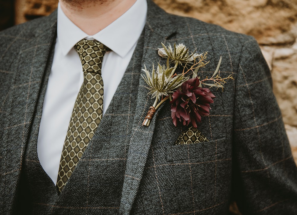 Groom Grey Check Suit Green Tie Buttonhole Flowers Little Seed Field Wedding Louise Pollitt Photography