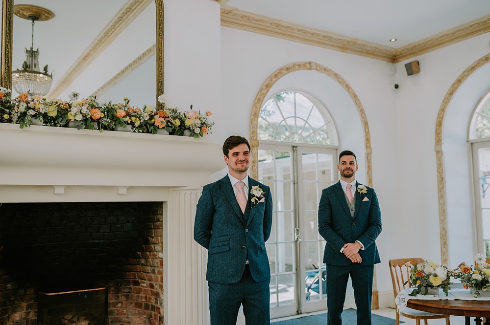 Groom Navy Blue Suit Pink Tie Northbrook Park Wedding Lucy Dracott Photography