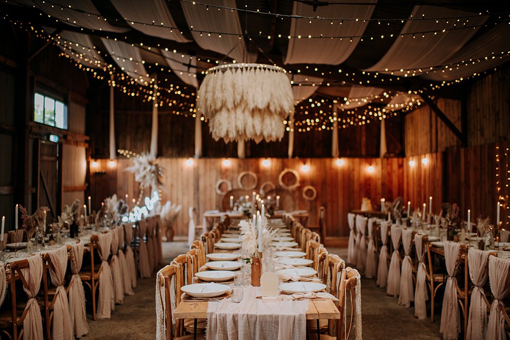 Flower Hoop Drapes Decor Fairy Lights Long Tables Pampas Grass Barn Wedding Kazooieloki