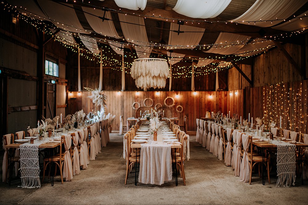 Flower Hoop Drapes Decor Fairy Lights Long Tables Pampas Grass Barn Wedding Kazooieloki