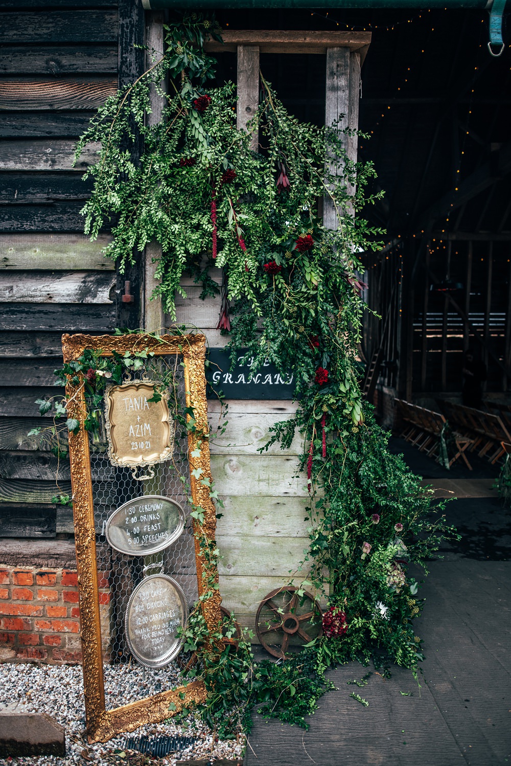 Metal Tray Sign Gold Frame Greenery Red Greenery Wedding Three Flowers Photography