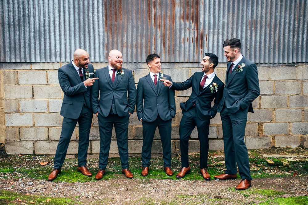 Groom Navy Suit Tie Groomsmen Red Greenery Wedding Three Flowers Photography