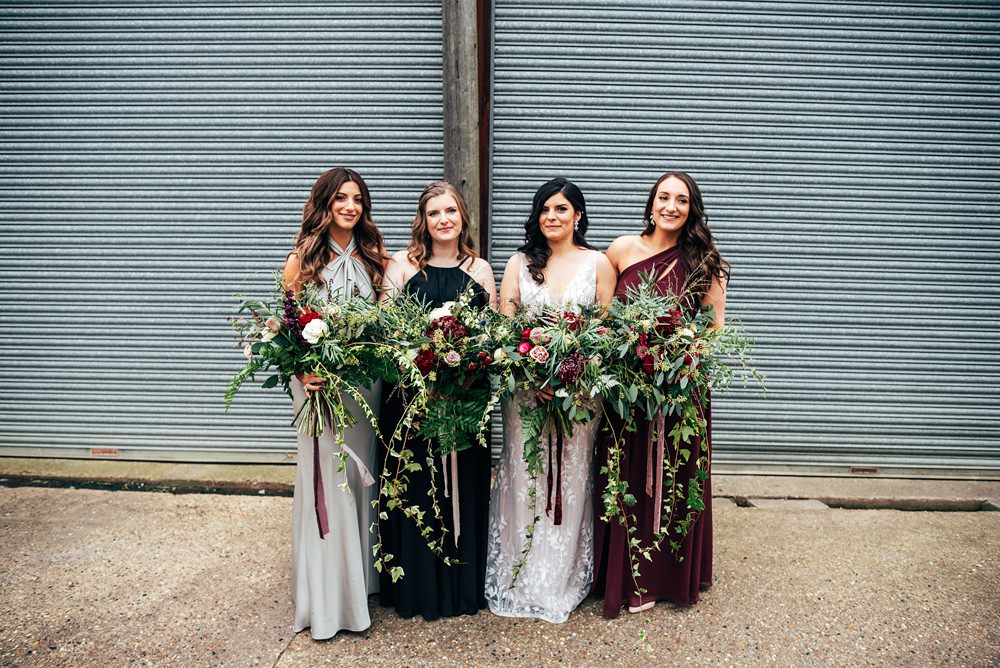 Mismatched Bridesmaids Dresses Red Greenery Wedding Three Flowers Photography