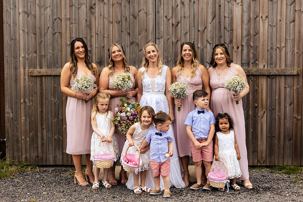 Bridesmaids Long Pink Dresses Rushmere Farm Workshops Wedding Jason Williams Photography