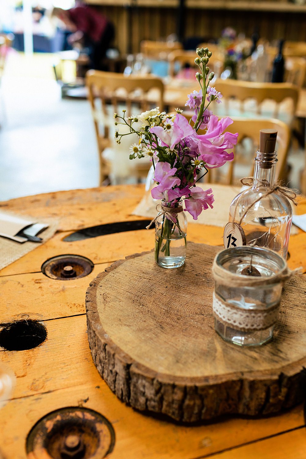 Centrepiece Decor Flowers Jar Candle Bottle Lights Rushmere Farm Workshops Wedding Jason Williams Photography
