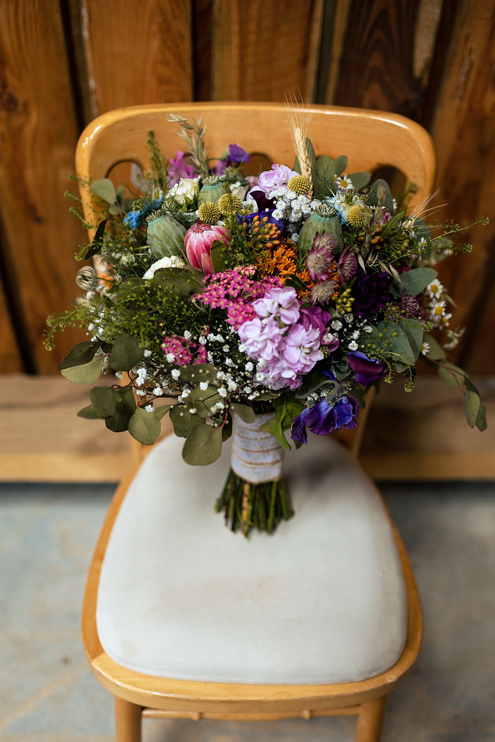 Bouquet Flowers Bride Bridal Protea Eucalyptus Daisy Rushmere Farm Workshops Wedding Jason Williams Photography