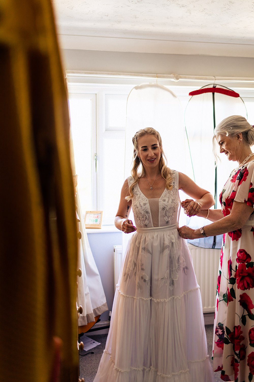 Dress Gown Bride Bridal Retro 70s Floral Maxi Rushmere Farm Workshops Wedding Jason Williams Photography