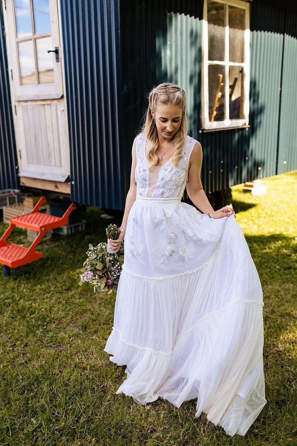 Dress Gown Bride Bridal Retro 70s Floral Maxi Rushmere Farm Workshops Wedding Jason Williams Photography