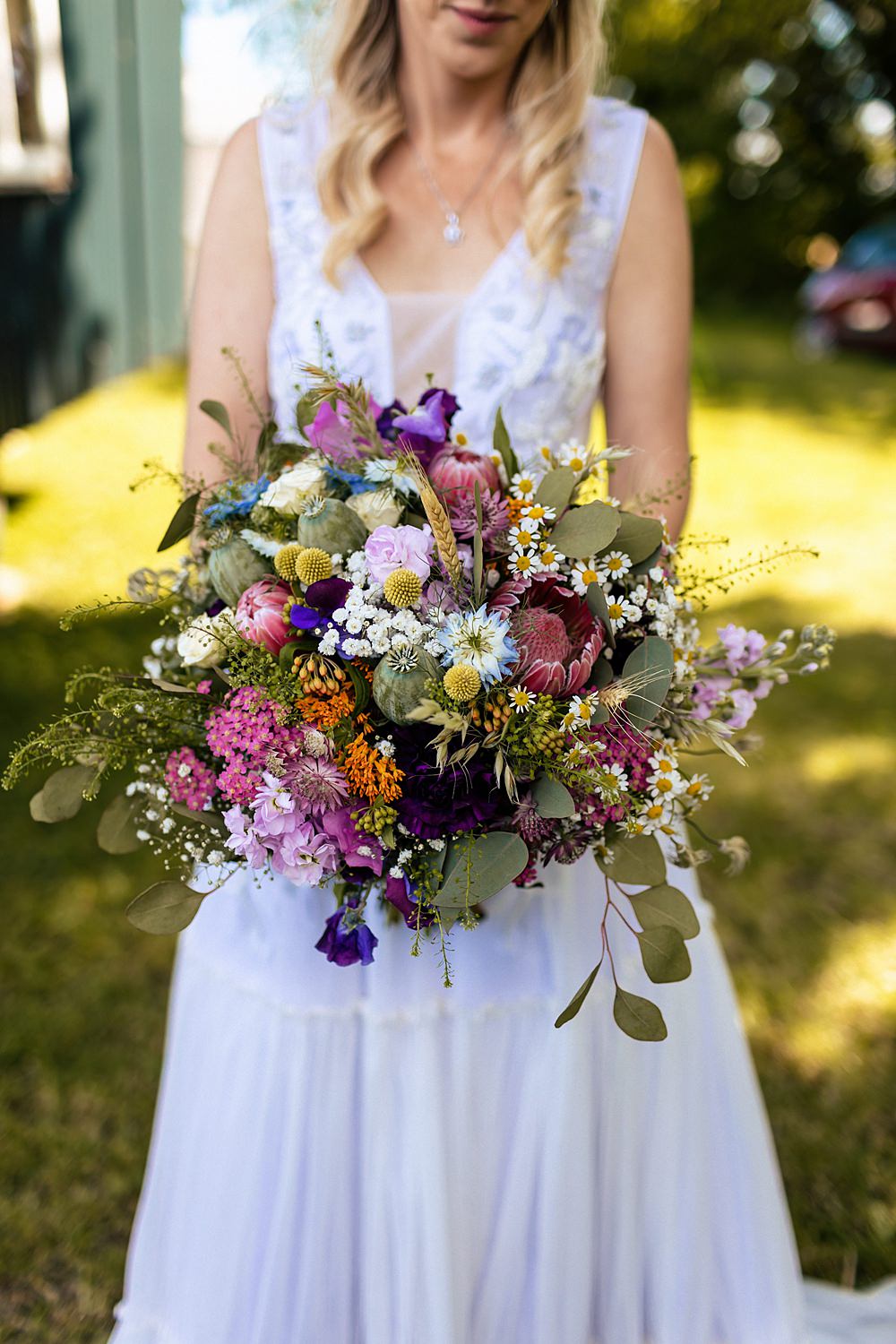 Bouquet Flowers Bride Bridal Protea Eucalyptus Daisy Rushmere Farm Workshops Wedding Jason Williams Photography