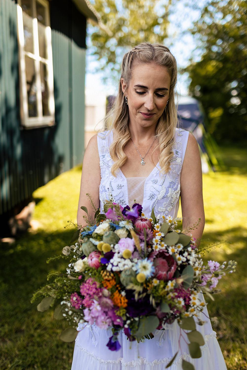 Bouquet Flowers Bride Bridal Protea Eucalyptus Daisy Rushmere Farm Workshops Wedding Jason Williams Photography