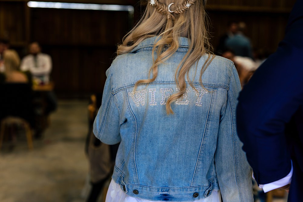 Denim Jacket Bride Rushmere Farm Workshops Wedding Jason Williams Photography