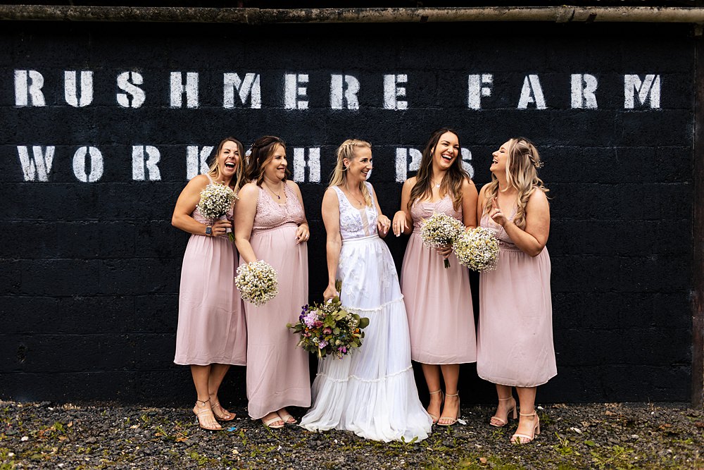 Bridesmaids Long Pink Dresses Rushmere Farm Workshops Wedding Jason Williams Photography