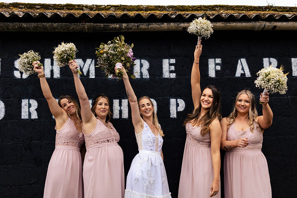 Bridesmaids Long Pink Dresses Rushmere Farm Workshops Wedding Jason Williams Photography
