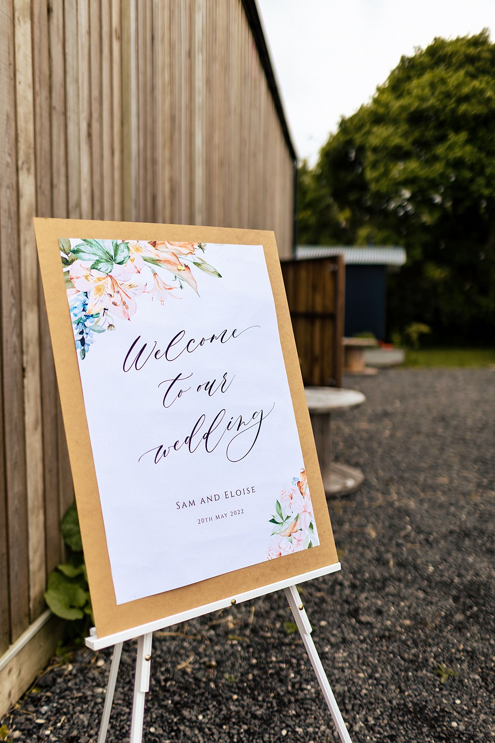 Floral Welcome Sign Rushmere Farm Workshops Wedding Jason Williams Photography
