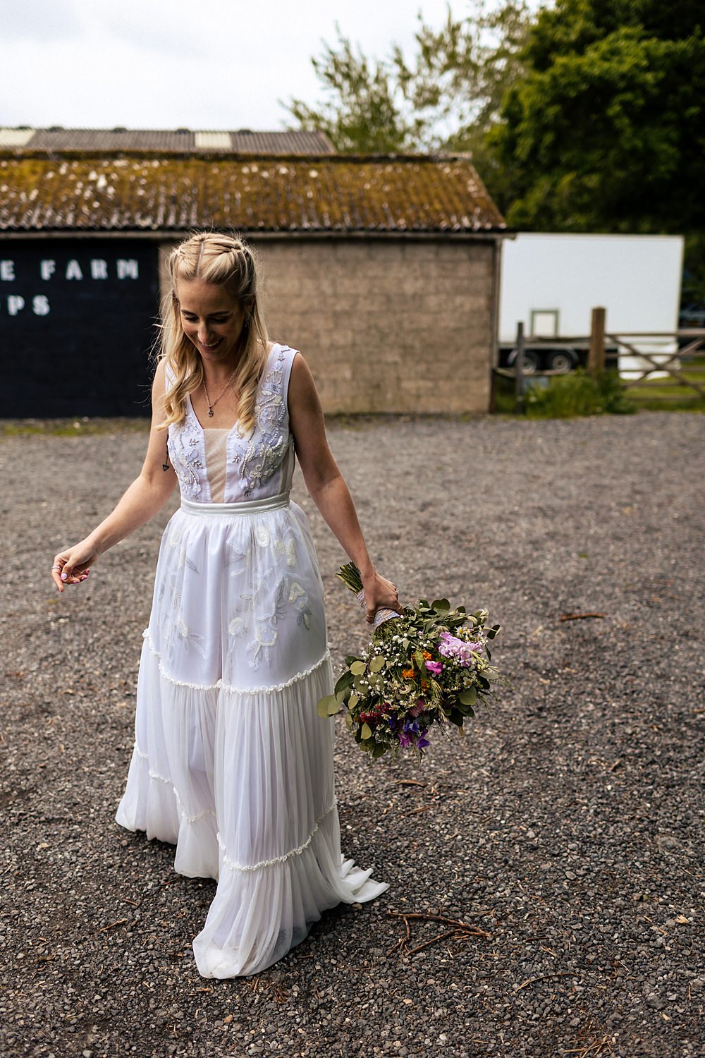 Dress Gown Bride Bridal Retro 70s Floral Maxi Rushmere Farm Workshops Wedding Jason Williams Photography