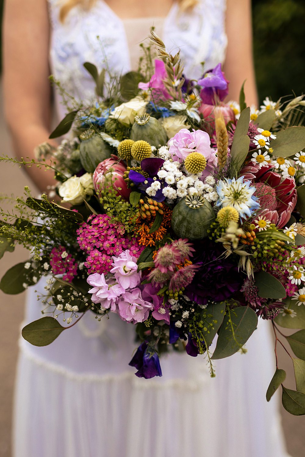 Bouquet Flowers Bride Bridal Protea Eucalyptus Daisy Rushmere Farm Workshops Wedding Jason Williams Photography