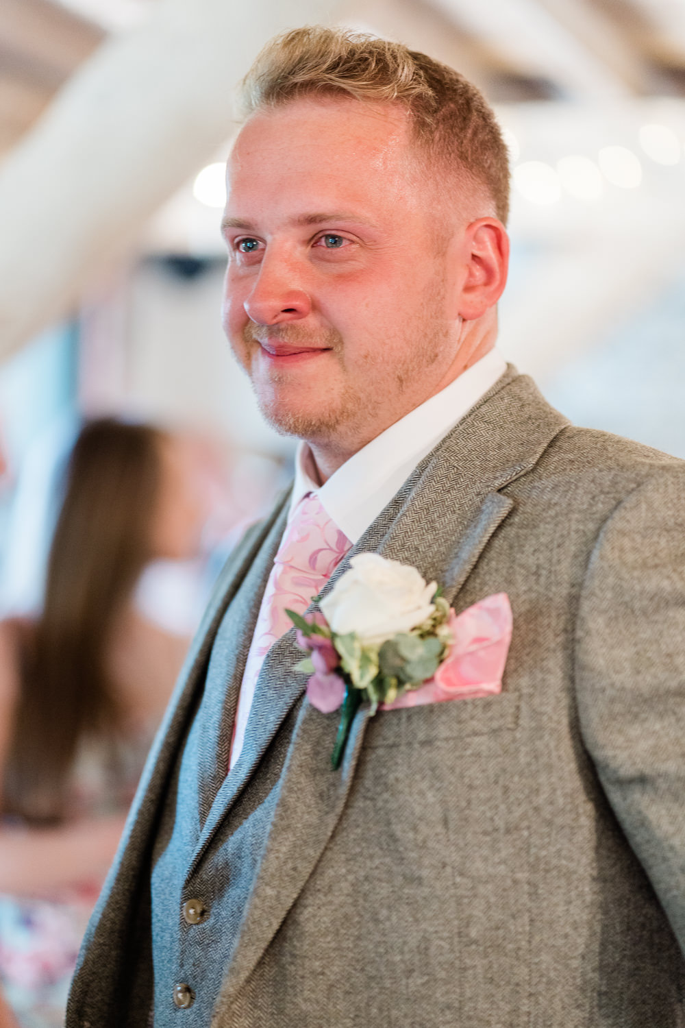 Groom Grey Suit Pink Tie West Suffolk Barn Wedding Gemma Giorgio Photography