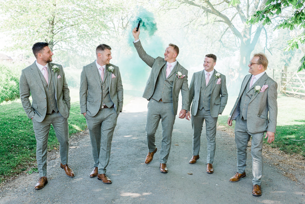 Groom Grey Suit Pink Tie Groomsmen West Suffolk Barn Wedding Gemma Giorgio Photography