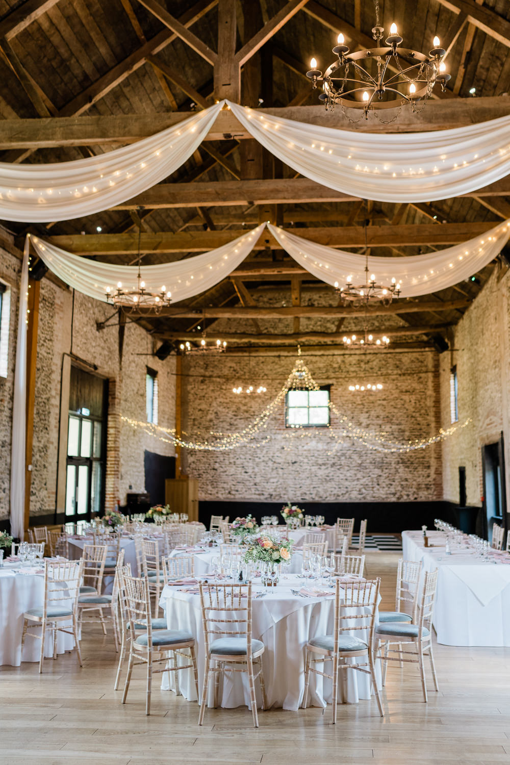 Reception Drapes Fairy Lights West Suffolk Barn Wedding Gemma Giorgio Photography