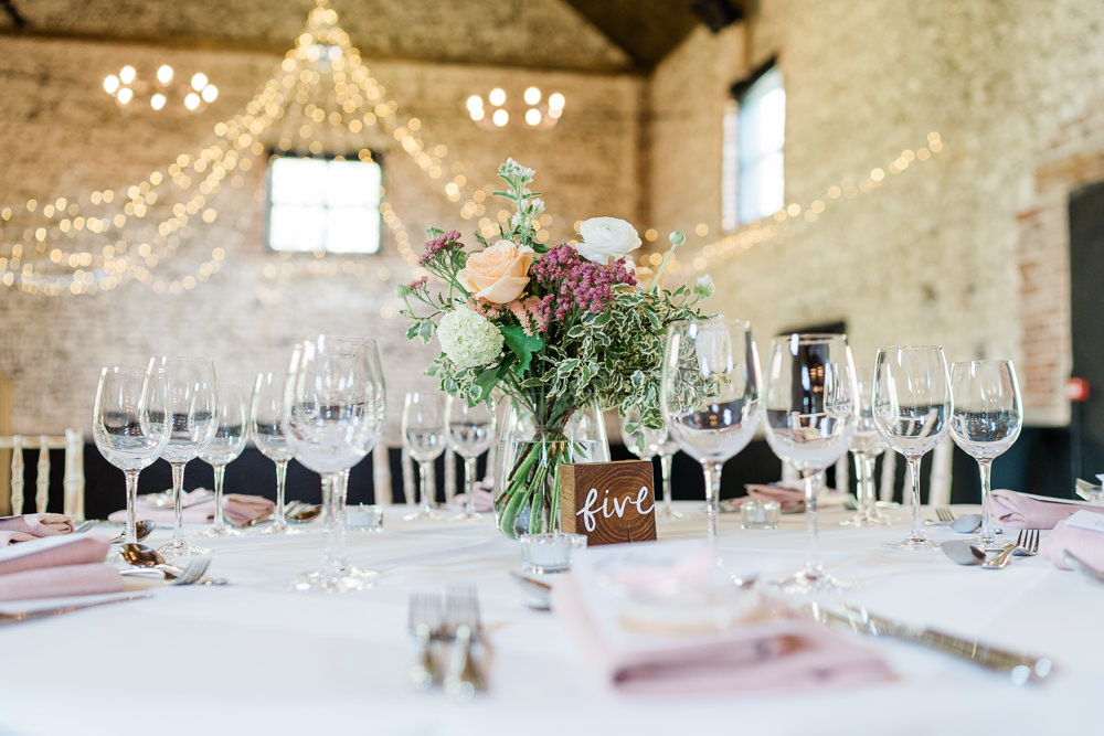 Centrepiece Table Flowers Pink Orange West Suffolk Barn Wedding Gemma Giorgio Photography