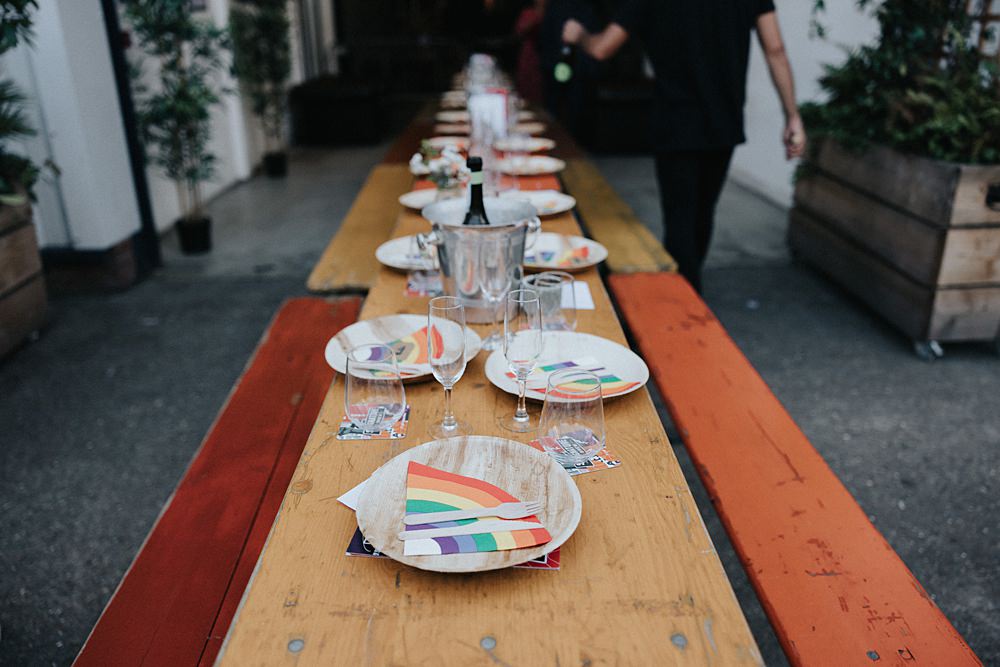 Rustic Wooden Table Bamboo Plate Rainbow Napkin William Morris Gallery Wedding Matt Horan Photography