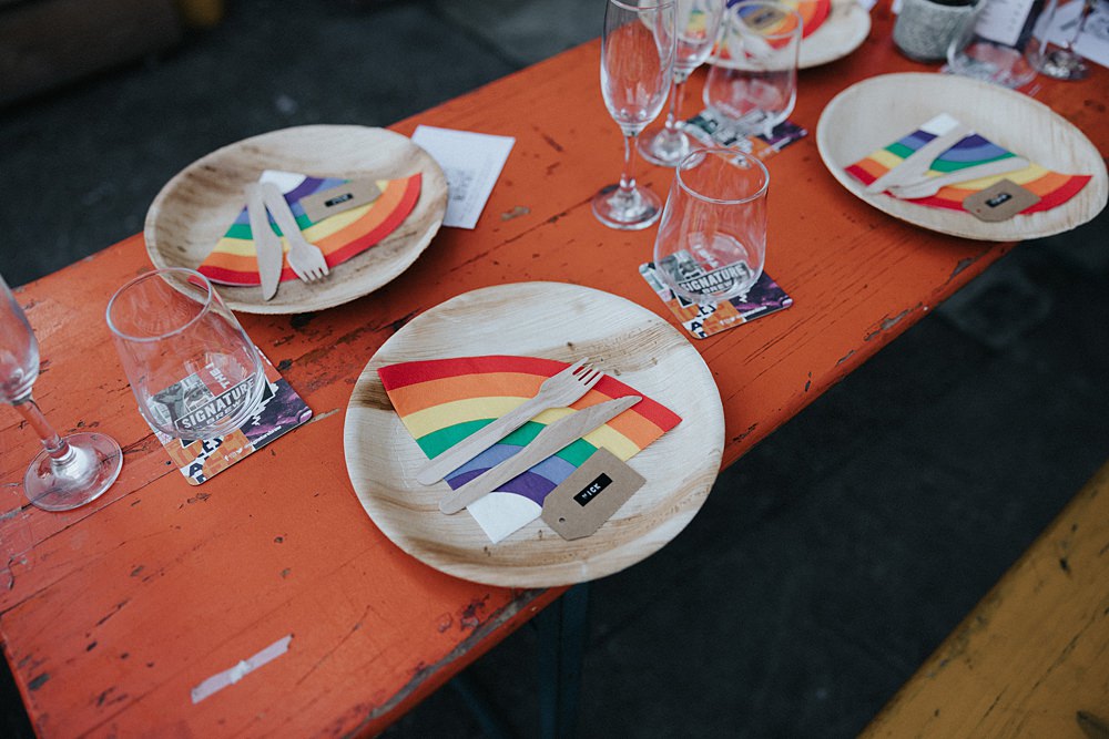 Rustic Wooden Table Bamboo Plate Rainbow Napkin William Morris Gallery Wedding Matt Horan Photography